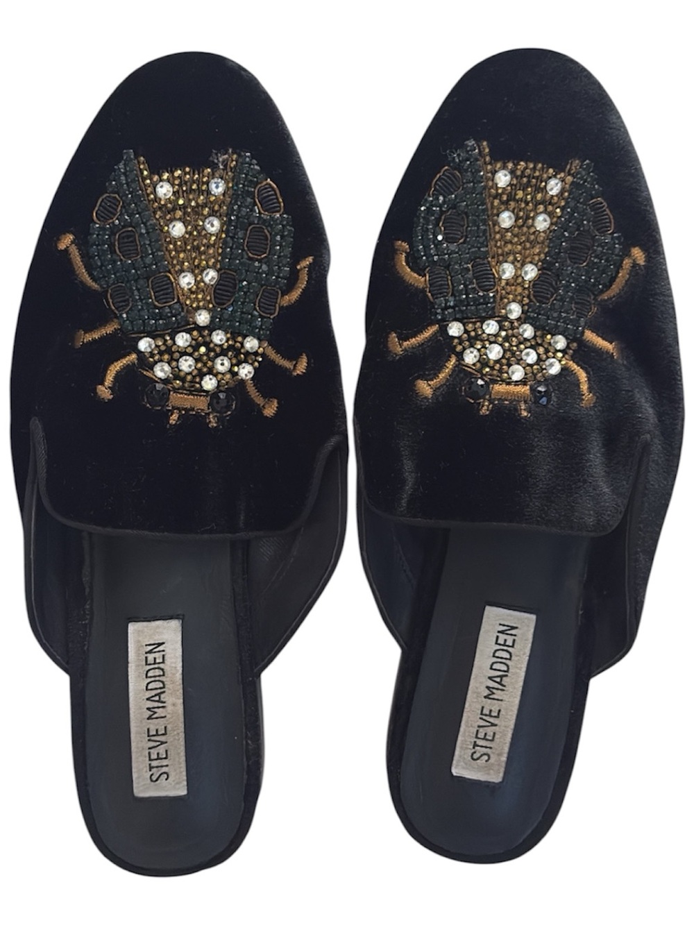 Steve Madden Hugh Embellished Beetle Velvet Mules Flts Black Size 7.5